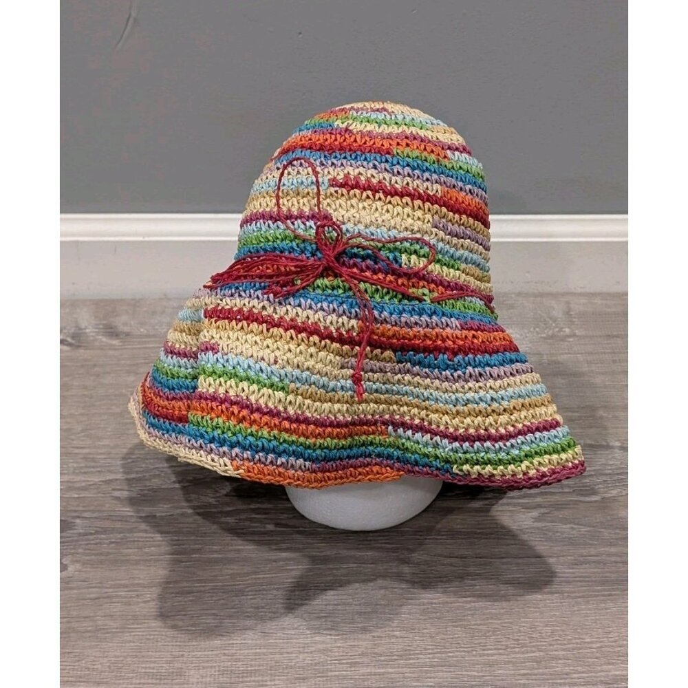 JHats Rainbow Straw Crocheted Floppy Hat One Size Beach Tie Summer Outdoors